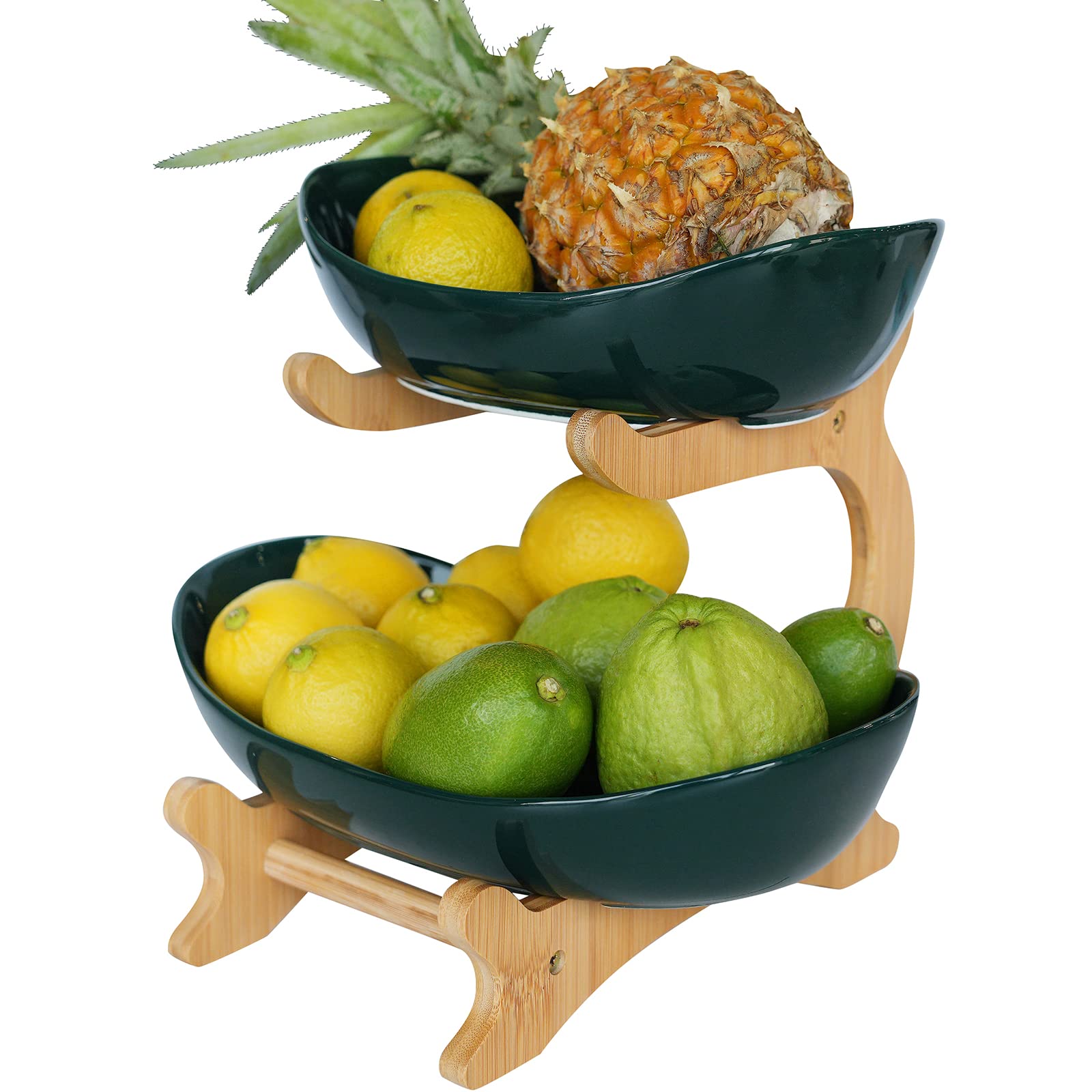 Mangoton 2 Tier Fruit Bowl,Ceramic Fruit Bowl for Kitchen Counter,Estantes para Cocina,Fruteros para Cocina,Medium Green