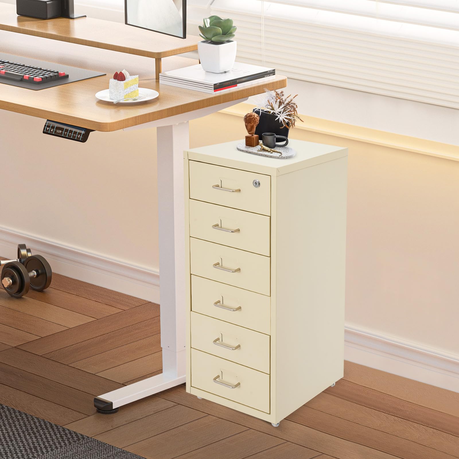 Armadietto mobile con 6 cassetti, in metallo con ruote, armadietto per ufficio e casa (beige)