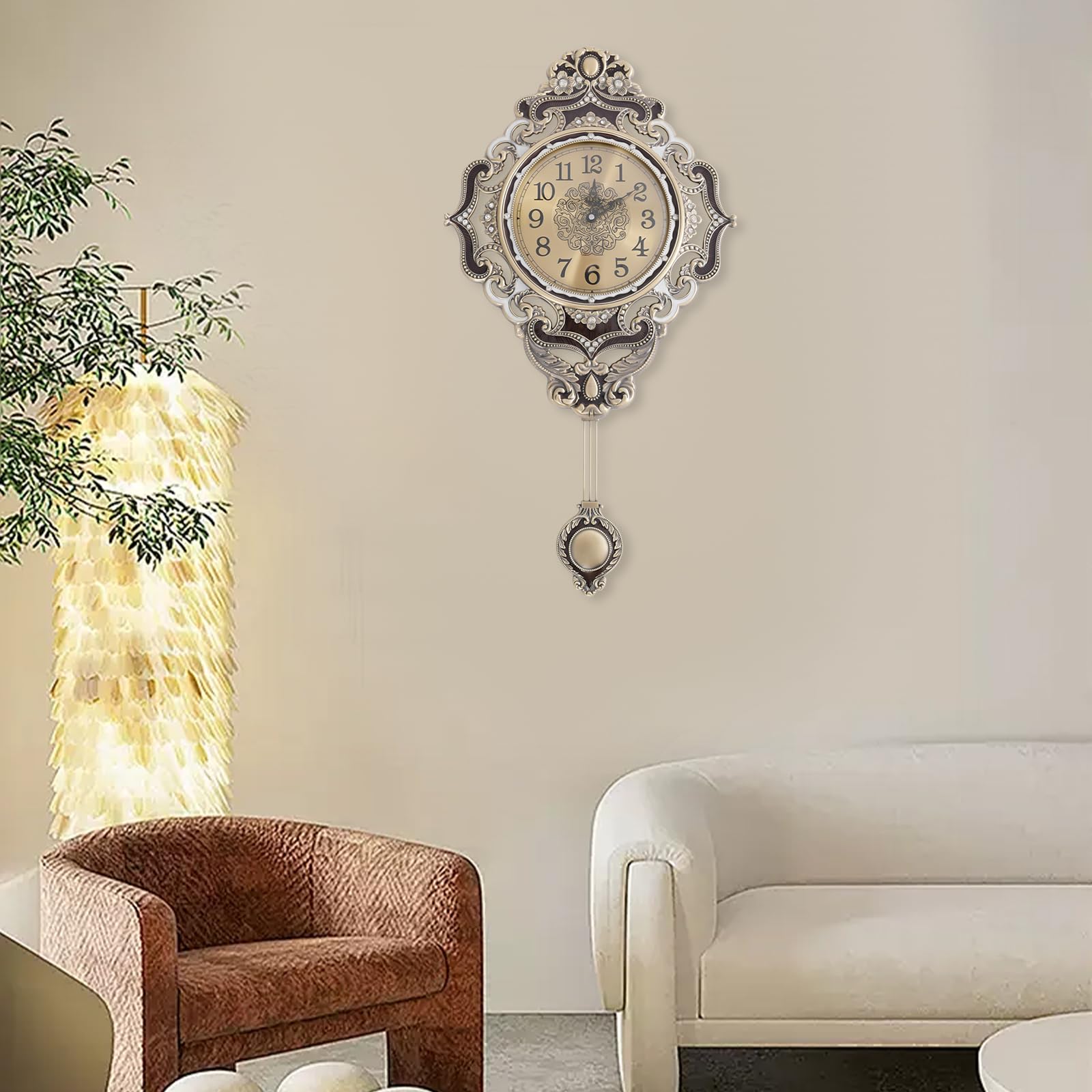Reloj de Pared Dorado, Montado en la Pared Decorativo Estilo Retro Reloj de Pared Movimiento de Escaneo de Cuarzo Silencioso, para Salón y Oficina 37 x 63 cm