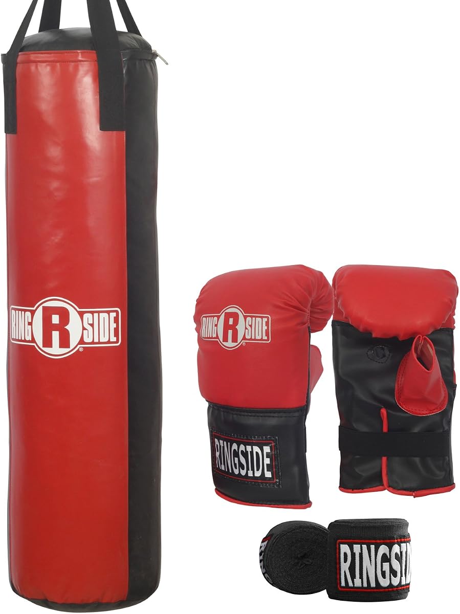 70 lb Heavy Bag Kit Complete Home Boxing Workout | Includes red and black vinyl 45x15-inch punching bag, boxing gloves, handwraps, and hanging hardware for immediate training