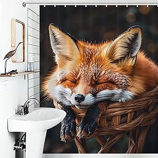 Funny Fox Sleeping Bathroom Shower Curtains Waterproof Bath Curtain with 12 Hooks 7 Rust Proof Metal Grommets Holes Washable Fabric Cloth Rain Curtain Cover Bathtub Shower Enclosure Decor 60x72
