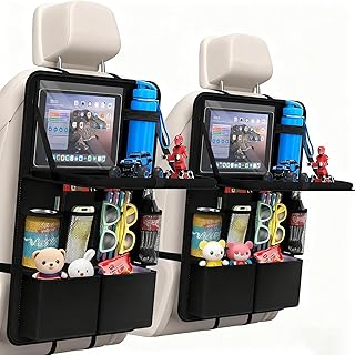 車用バックシートオーガナイザー 車 シートバックポケット 車用収納ボックス 防水 子供·大人用折りたたみトレイ付き タッチ可能なタブレットポケット付きシート収納 (1, ブラック)