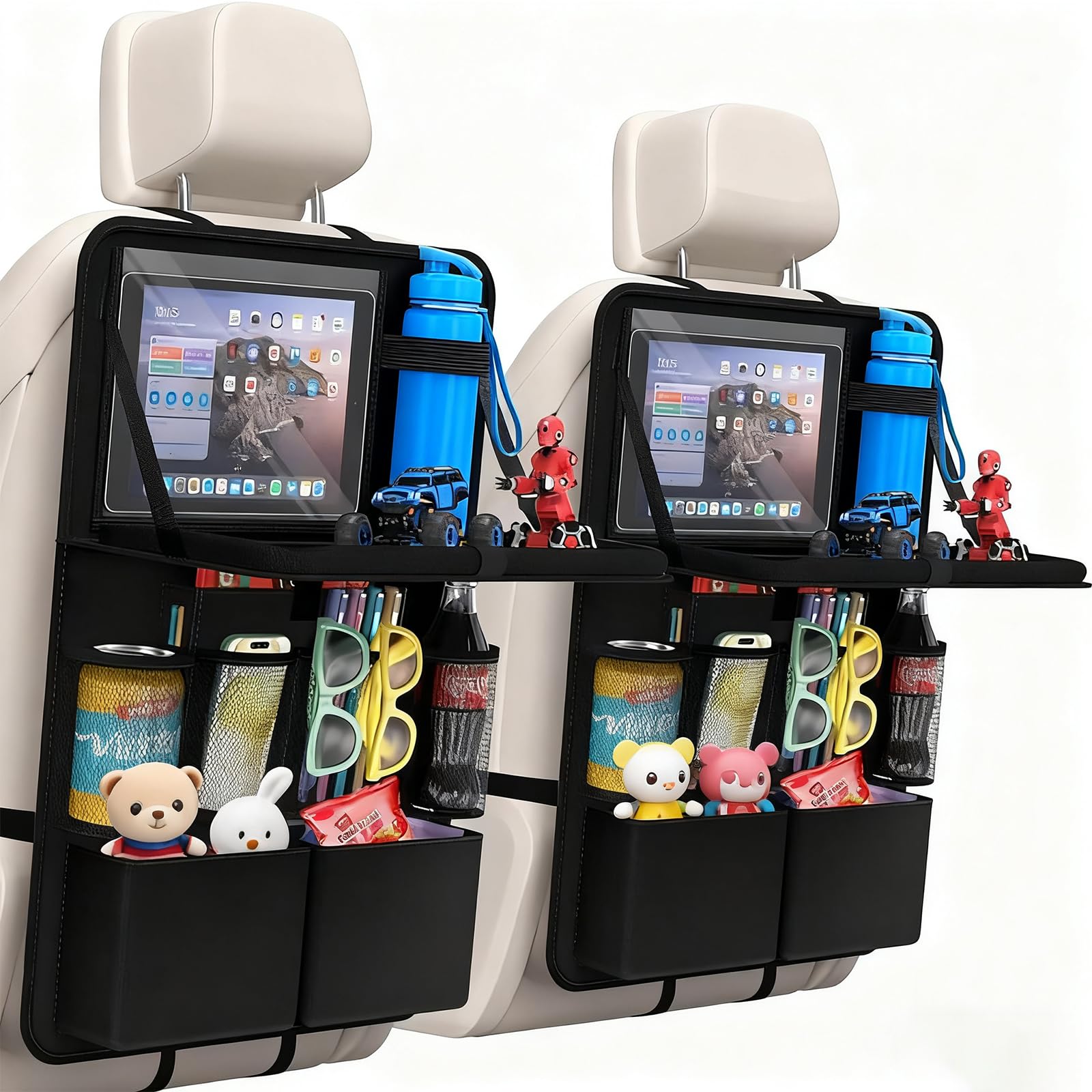 車用バックシートオーガナイザー 車 シートバックポケット 車用収納ボックス 防水 子供·大人用折りたたみトレイ付き タッチ可能なタブレットポケット付きシート収納 (2, ブラック)