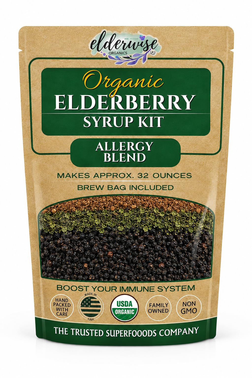 Elderwise Organics Made With Love Kit para xarope de sabugueiro com roseiras-bravas, urtiga, gengibre, canela-do-Ceilão e cravo, 85 g