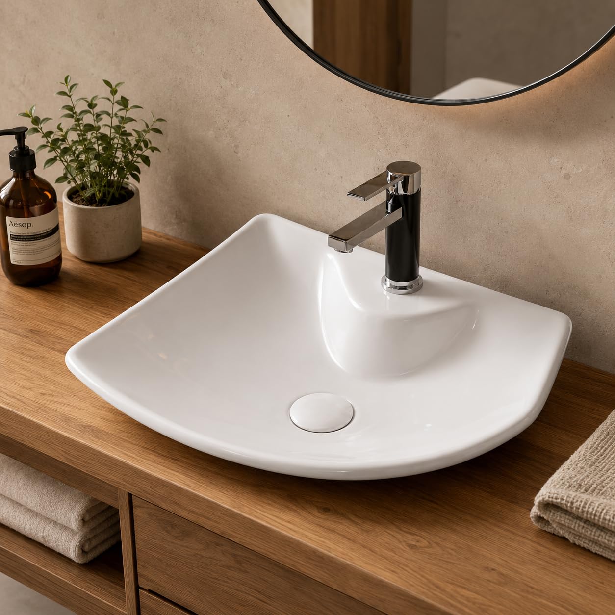 Umywalka kwadratowa premium – umywalka nablatowa na wysoki połysk – umywalka ceramiczna do umywalki – biała – 485 x 385 x 140 mm