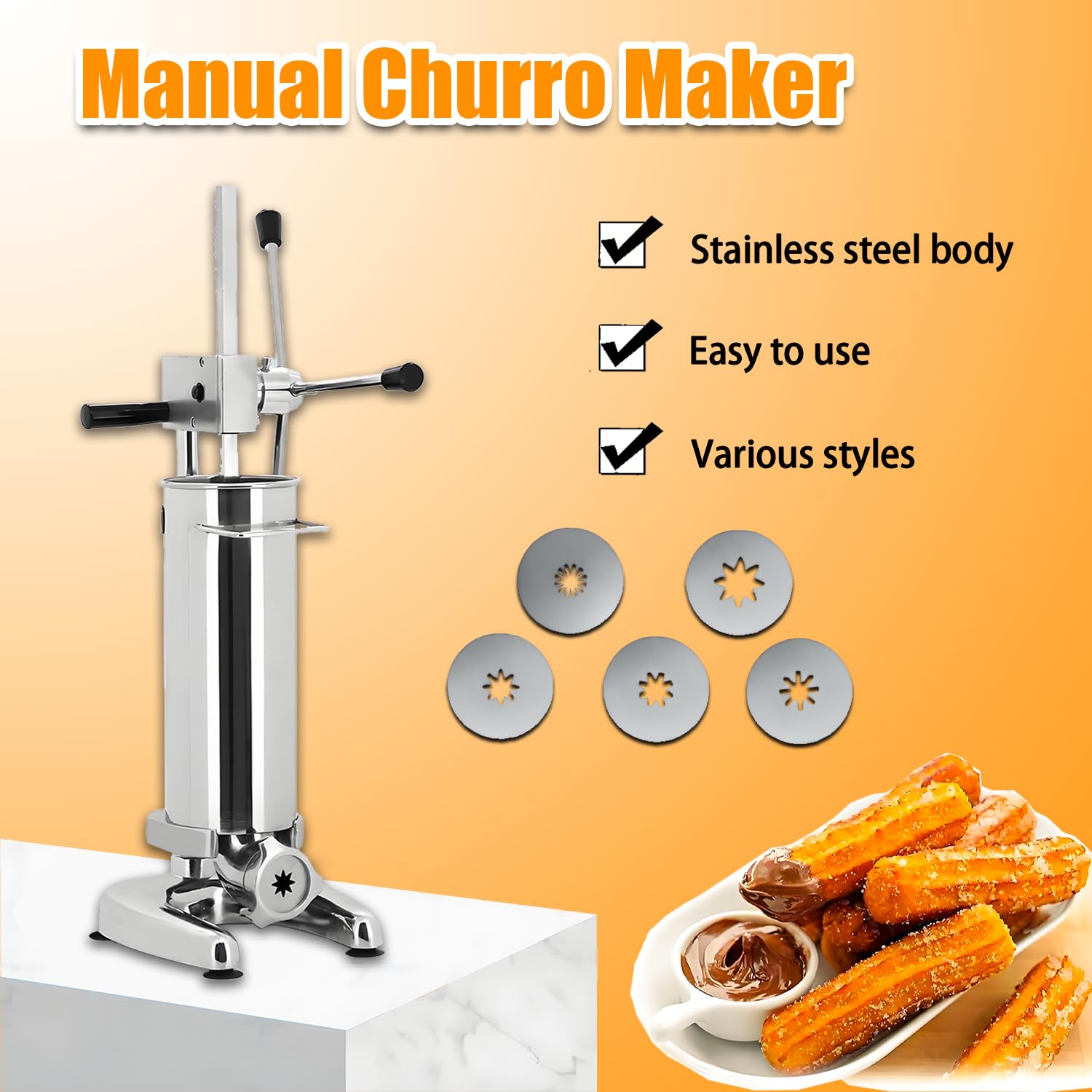 Churrera Manual - 5 Moldes, Acero Inoxidable de Grado Alimenticio y Cubeta Desmontable, Capacidad de 2L/3L para Restaurantes, Panaderías y Preparación de Snacks en Casa 2L