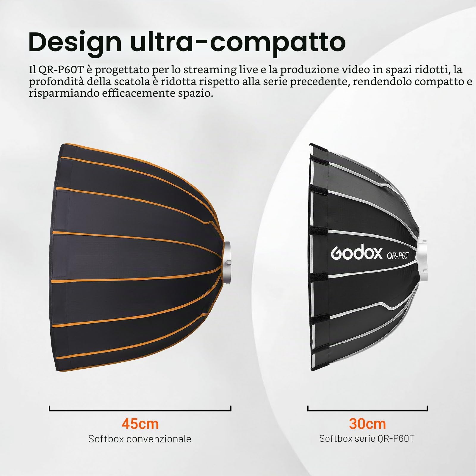 GODOX QR-P60T Softbox parabolico a sgancio rapido con griglia a Nido d'Ape, Supporto Bowen con Borsa da Trasporto per diffusore Anteriore e Interno MS300 MS300-V SK400II QT400III QT600