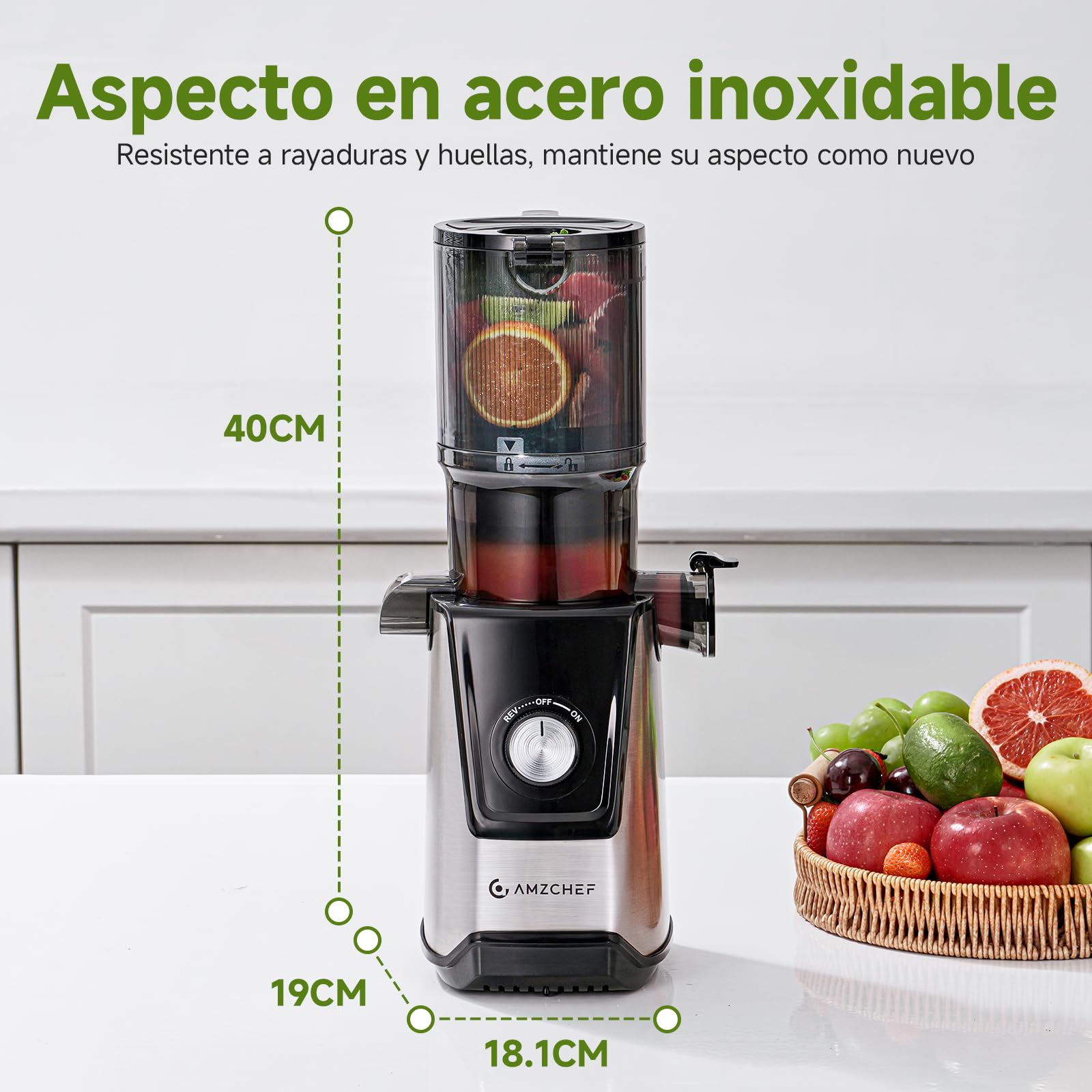 AMZCHEF Extractor de Zumos Lento – Abertura Ancha de 118MM para Frutas y Verduras Enteras – Motor Silencioso de 180W – Alto Rendimiento de Zumo, Fácil de Limpiar