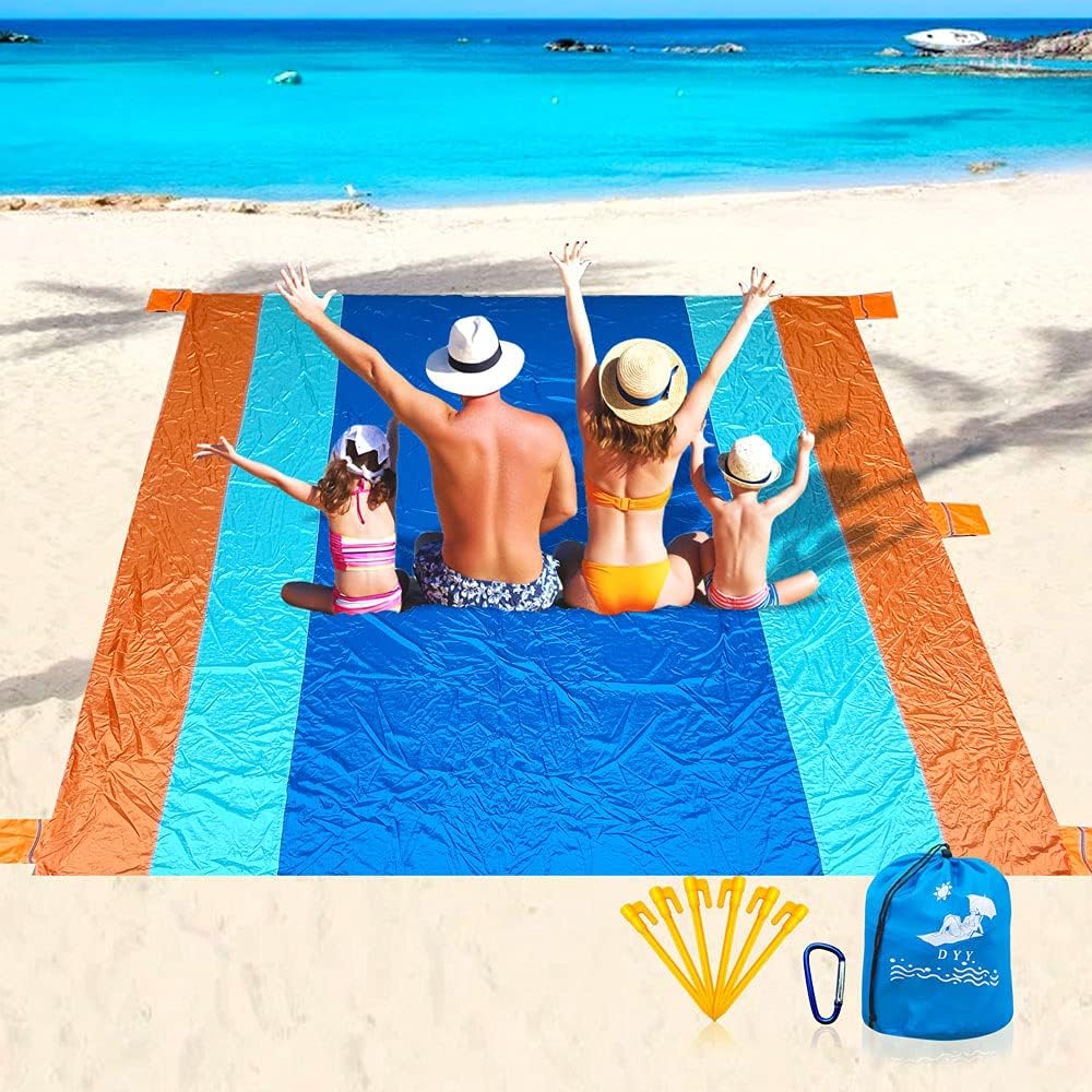 DYY Sand Free Beach Blanket, Oversize Sandproof Beach Mat 9'x10' Easily for 7 Adults, Waterproof Pocket Picnic Blanket with 6 Stakes, Lightweight Soft Outdoor Mat for Travel, Camping, Hiking