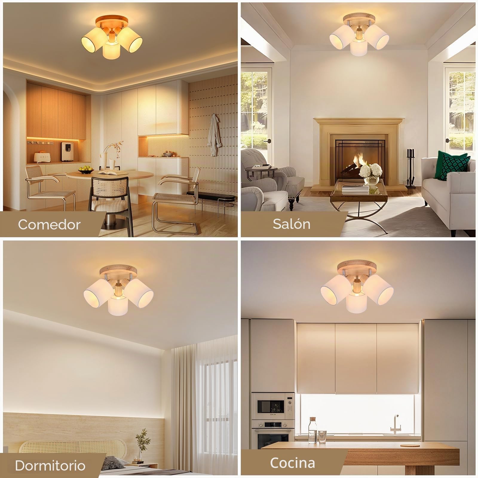 Glitzerlife Lámpara de techo Madera 3 Focos de Techo Redondo E14 Retro | Giratorios Interior Iluminación Foco de Pared con Pantalla de Luz para Dormitorio Salón Cocina Pasillo (Sin Bombilla)