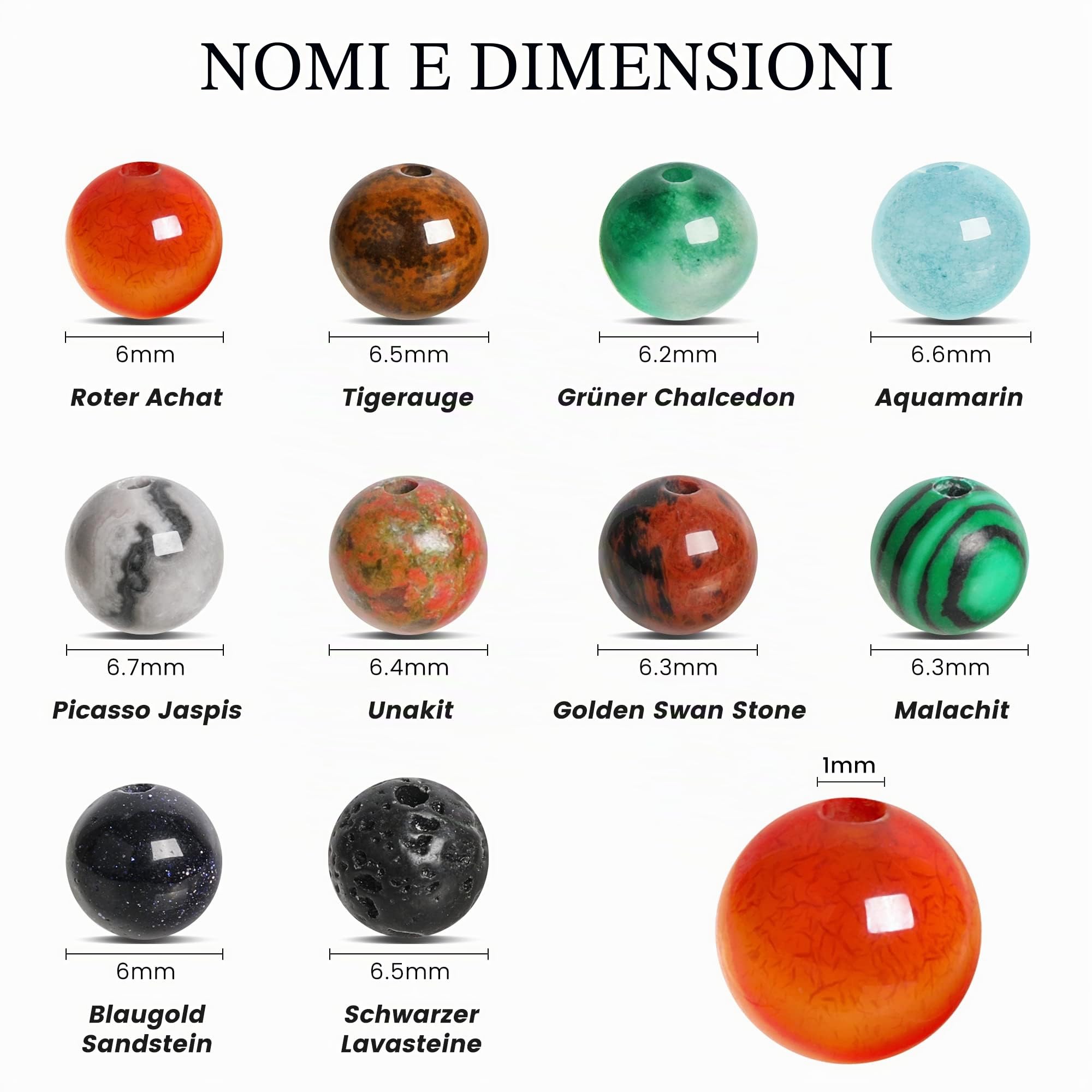 SOSMAR 300 Pietre Naturali Perline Tonde 6mm - Agata Rossa, Occhio di Tigre, Malachite, Acquamarina | Per Bracciali, Collane e Gioielli Fai da Te (10 Tipi di Perline in Pietra)