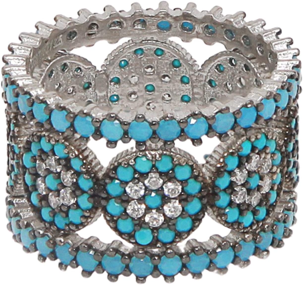 925k Sterling Silver Nano Turquoise and White Cubic Zirconia Cluster Stones Eternity Band Stackable Trio Ring Set for You,Mom and for Your Beloved