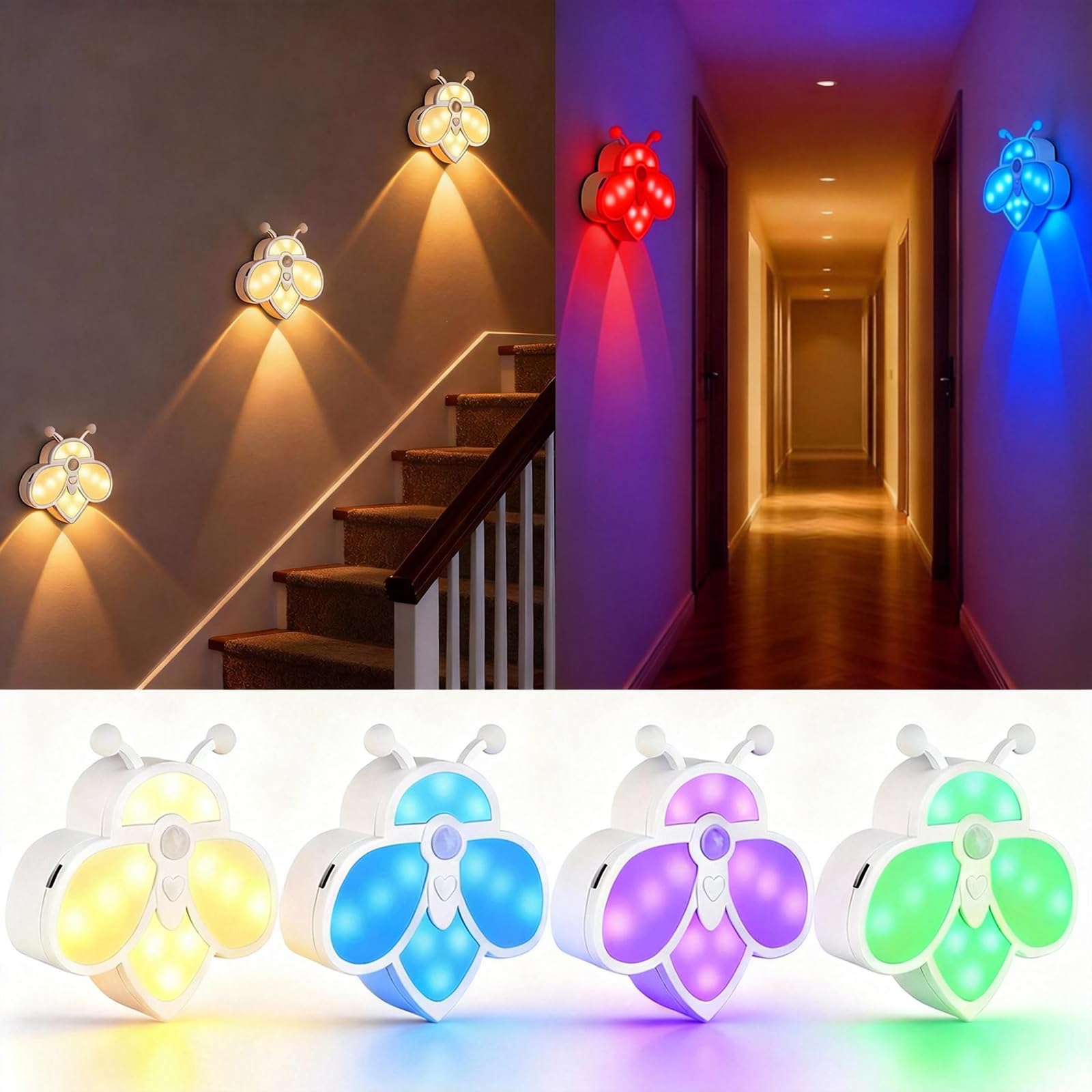 Rechargeable Motion Sensor Night Light for Kids Valentines Day Lights Warm White RGB Cute Bee Design Magnetic Mount