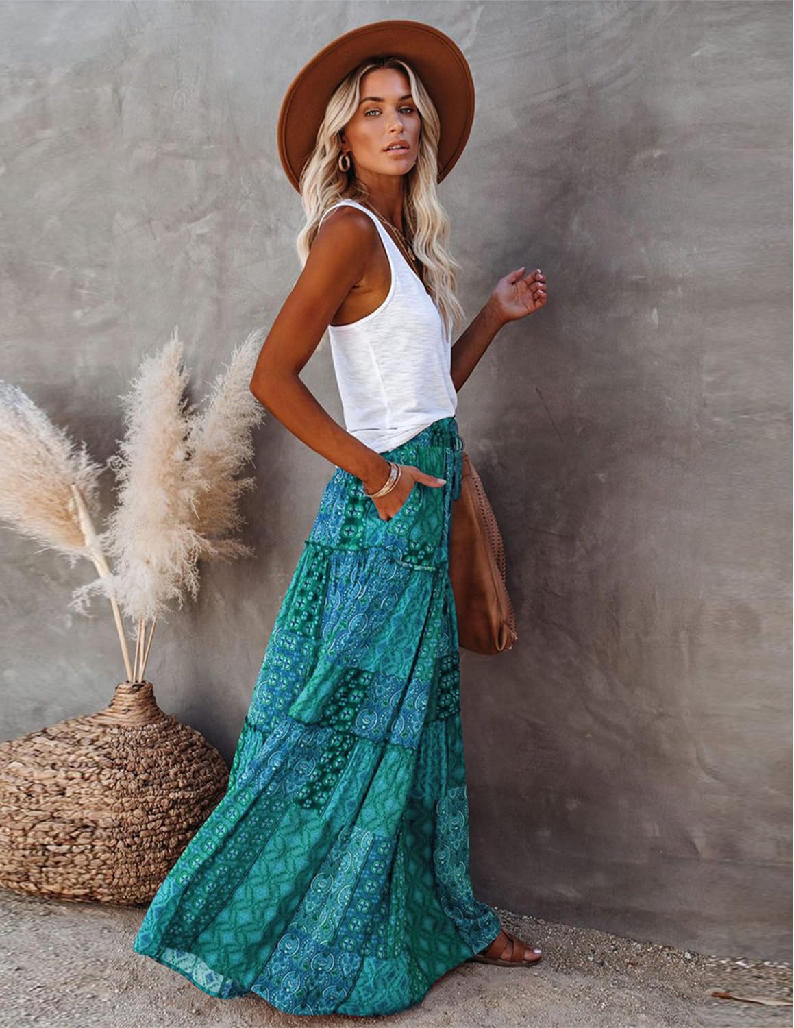 Femme Jupe Maxi Imprimé Robe 2 en 1 Taille Haute Elastique Casual Jupe de Plage Boho Fleurs Été