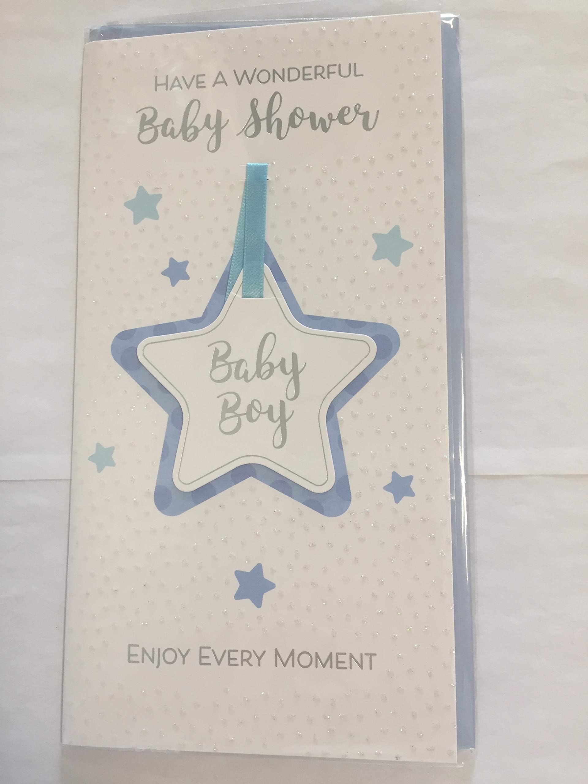 Have A Wonderful Baby Shower Baby Boy Enjoy Every Moment Baby Shower Card White/Blue/Silver Stars/Words Ribbon/Glitter/Foil Detail(PRELUDE45539)