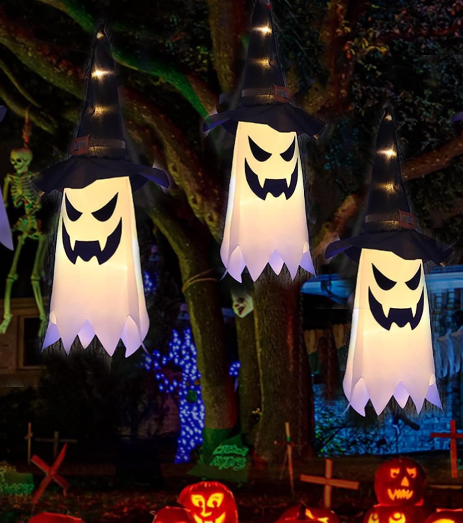 Halloween Deko – 5 Schwebende Hexenhüte Mit LED-Beleuchtung Für Garten & Party
