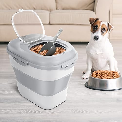Miniatura 4 de Contenedor plegable de almacenamiento de alimentos para perros, recipiente hermético para mascotas con cuchara y ruedas medidoras, contenedor grande