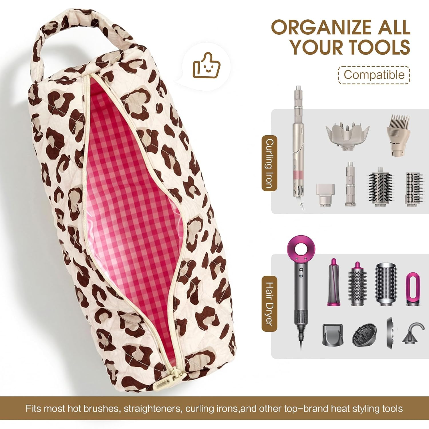 Quilted Hair Tools Travel Bag Compatible with Dyson Airwrap Shark FlexStyle | Leopard quilted case, for hair dryers curling irons flat irons, portable large storage, travel essentials hair organizer