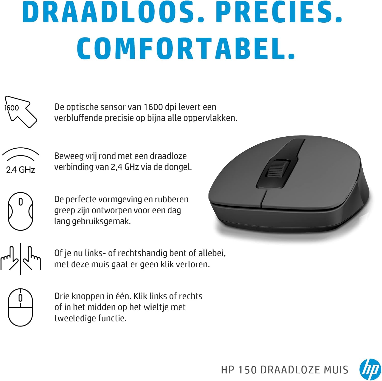 HP 150 Wireless Mouse 150 Wireless Mouse, 150 Wireless, W126435808 (Wireless Mouse, 150 Wireless Mouse, Ambidextrous, Optical, RF Wireless, 1600 DPI, Black)