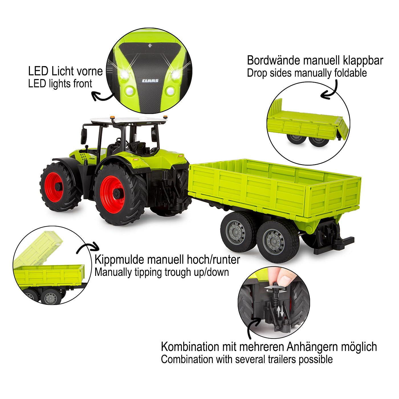 JAMARA Claas Arion 660 405360 avec remorque à Bascule 1:24 2,4 GHz – Jouet Tracteur télécommandé, véhicule pour Enfants, modèle agricole, Cadeau pour Enfants, lumière, attelage de remorque