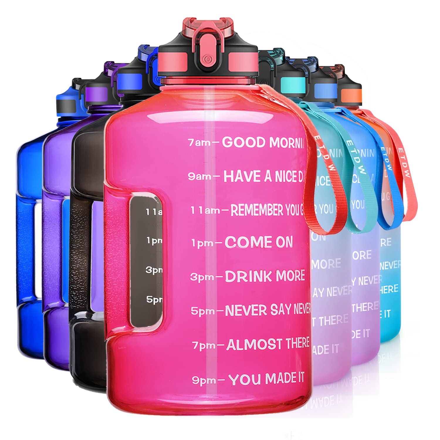 Water Bottle with Straw & Time Marker 1 Gallon, 128oz BPA Free Sport Drinking Bottle Leak Proof, Daily Water Intake Bottle Click Pop Up