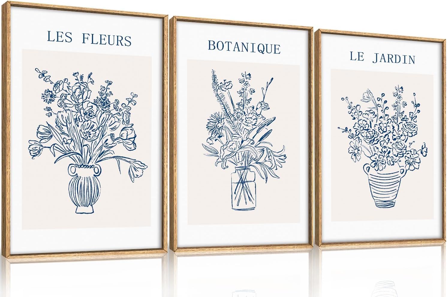 lianyibo Blue Botanical Floral Canvas Wall Art Abstract Navy Blue Painting,Minimalist Line Wildflower Prints for Living Room(60x90cmx3/Frameless)