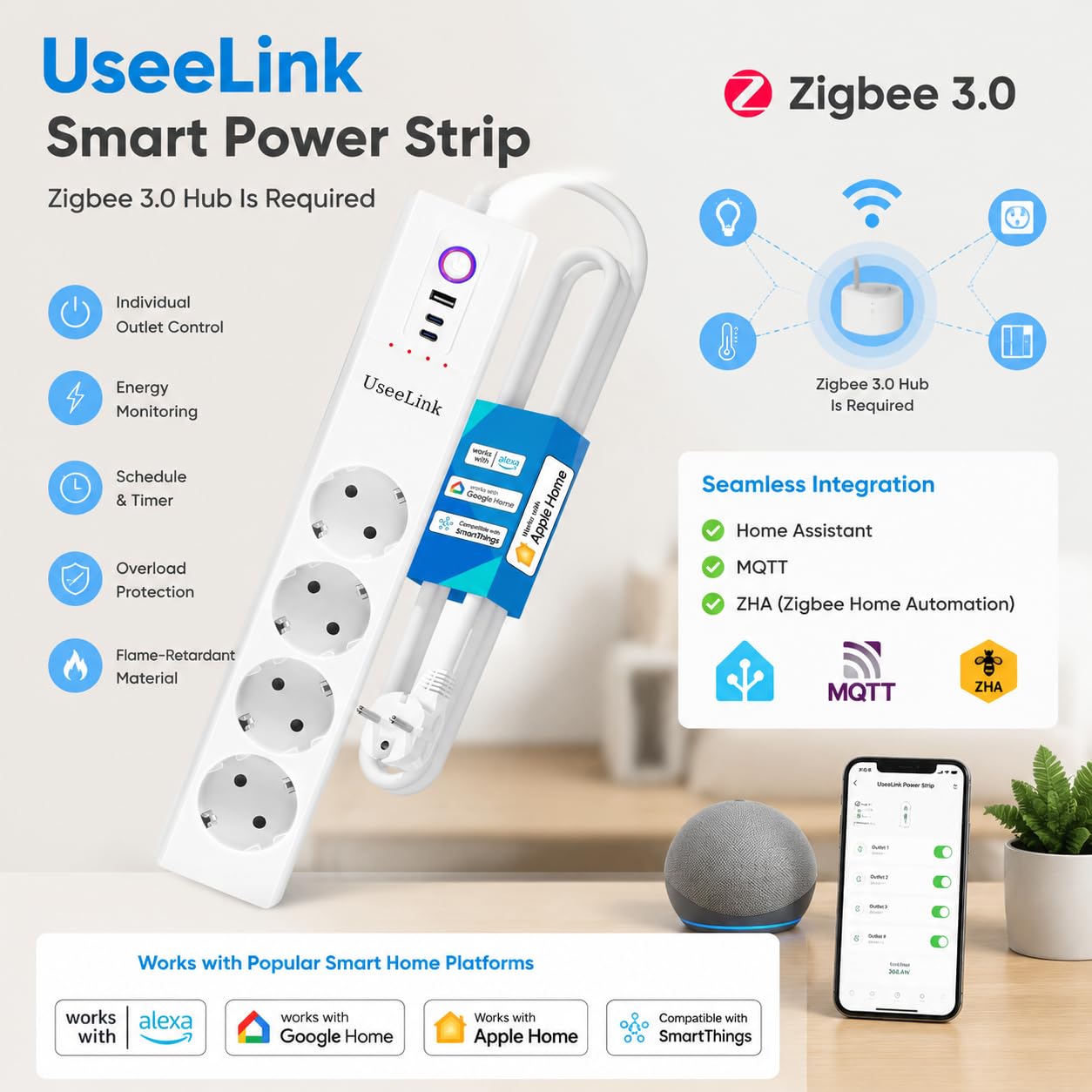 UseeLink Zigbee protezione da sovratensione ciabatta 10A 4 prese CA interruttori individuali 2 protezione da sovraccarico timer USB nessun hub richiesto Certificato CE Bianco