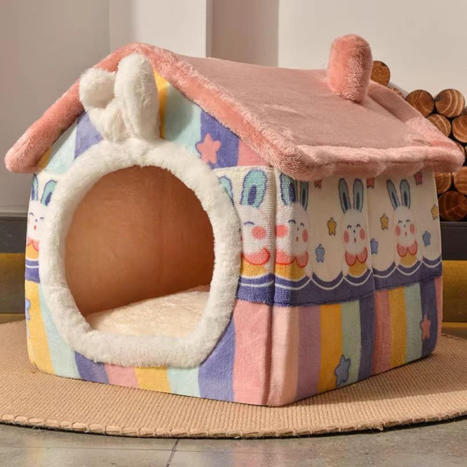 Cat Bed Cave, Cute Bear Shape Cat Beds for Indoor Cats, Pet House Cats Tent with Removable Cushion Pillow for Kittens Puppy Small Dogs (Pink, S)