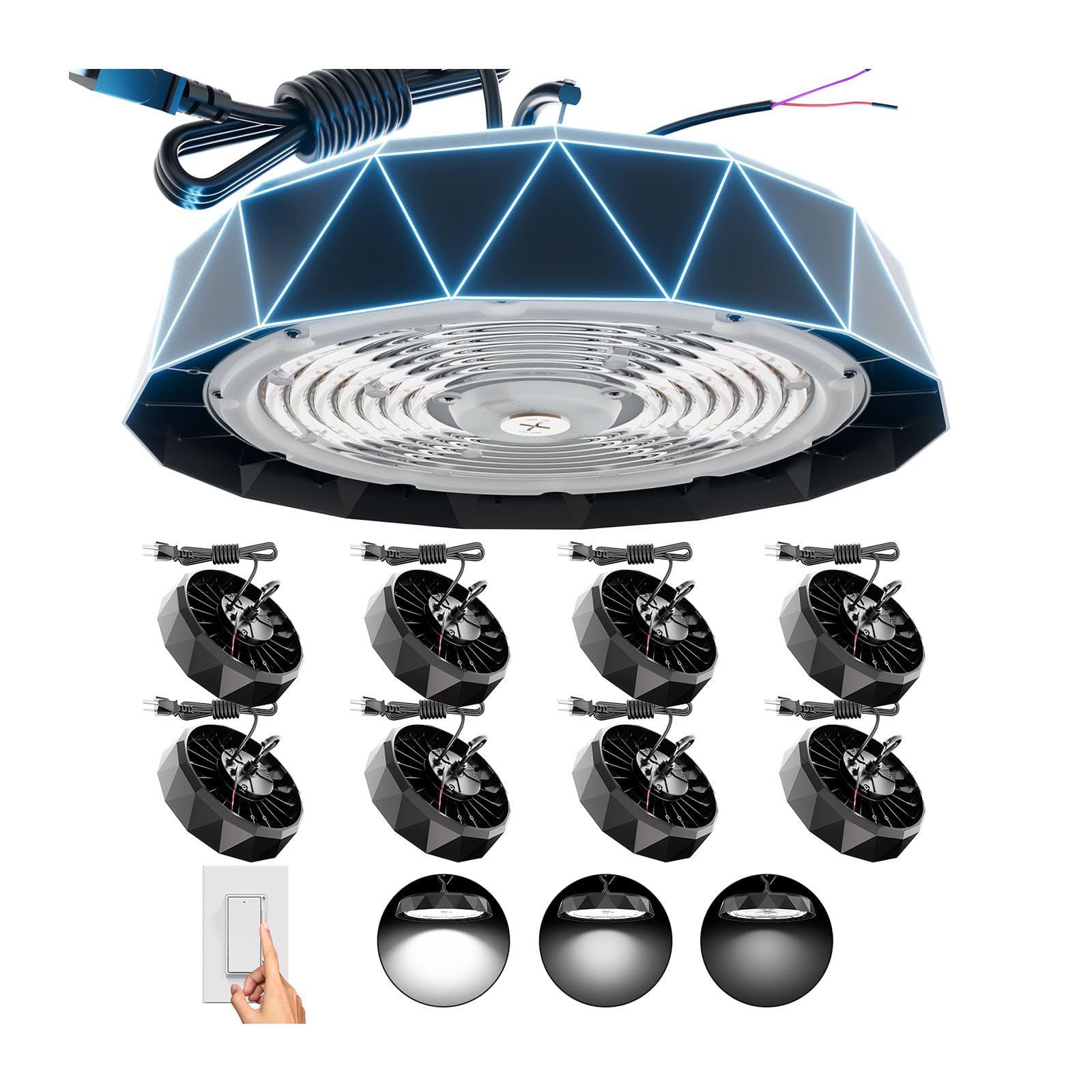 AIKVSXER UFO LED High Bay Light 150W 8 Pack, 24000LM 5000K, 0-10V Dimmable, 5ft Cable with Plug, AC120-277V IP65 Commercial Bay Lighting for Gym Factory Warehouse - ETL/DLC