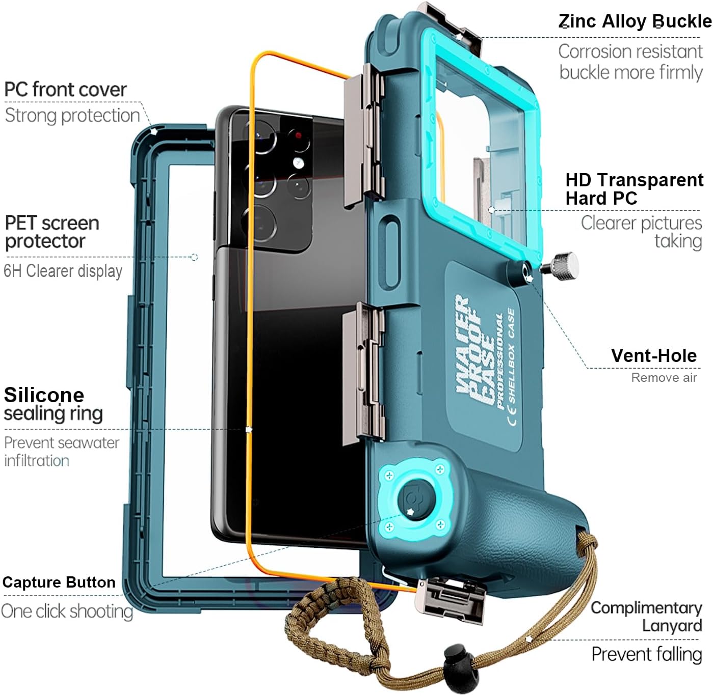 Underwater Snorkeling Diving Phone Case for iPhone 17/16/15/14/13/12/11Pro Max/XR/XS/X Samsung Galaxy S25/24/23/22/21, Professional Scuba Dive Waterproof Housing Underwater Photo Video(Teal-Blue)