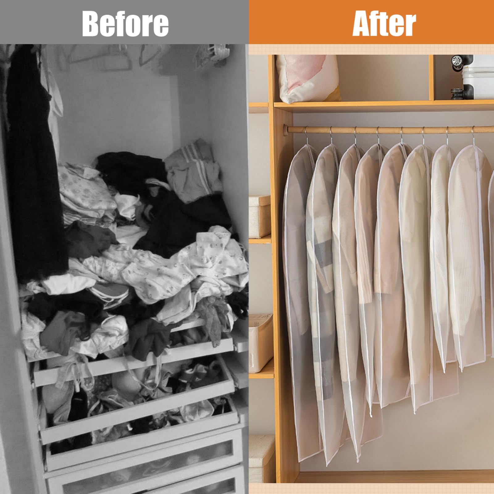 12 sztuk worków na ubrania z zamkiem błyskawicznym, 60 x 120/100 cm, przezroczyste pokrowce na ubrania, pokrowce na ubrania, odporne na mole, do garniturów, płaszczy, sukni wieczorowych
