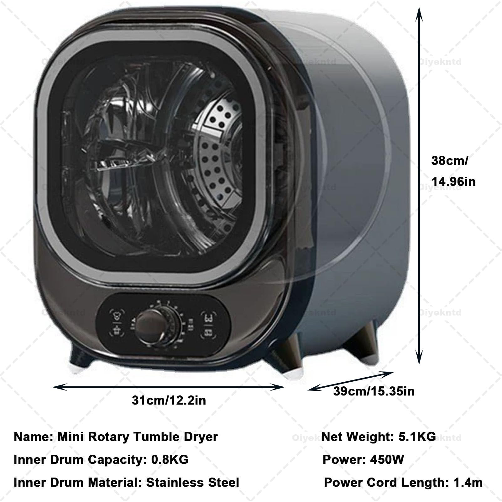 Secadora de Ropa portátil de condensación, Secadora de Ropa eléctrica compacta e Independiente con ventilación, Cilindro Interior de Acero Inoxidable y Capacidad de Carga de 0,8 kg Blue