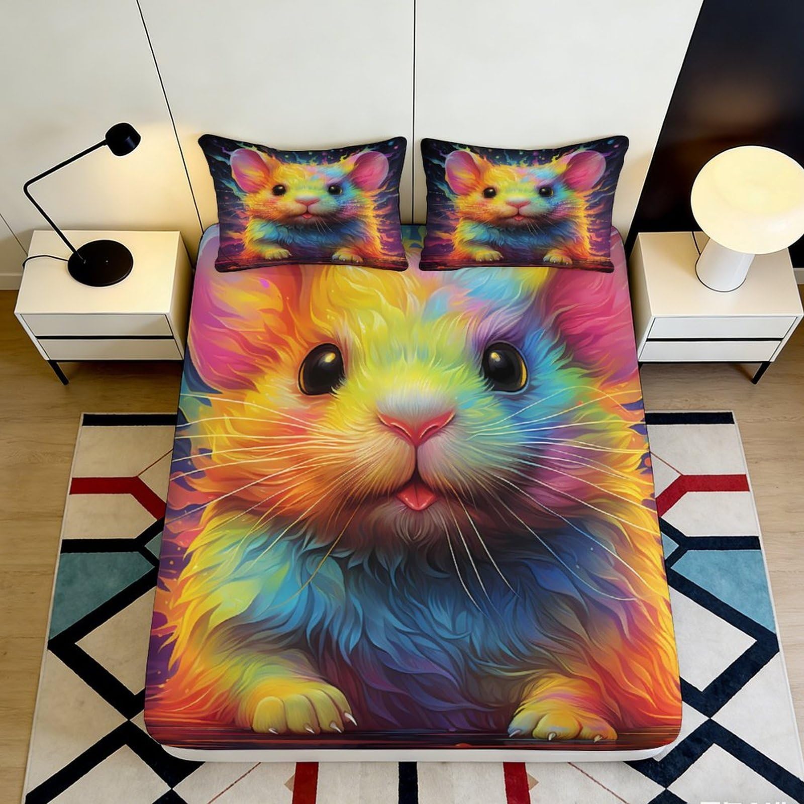 3D Printed Rainbow Hamster Fitted Sheet Microfiber Vibrant Animal Bed Cover for Bedroom Dorm Mattress Protection Decor 90x200x25cm