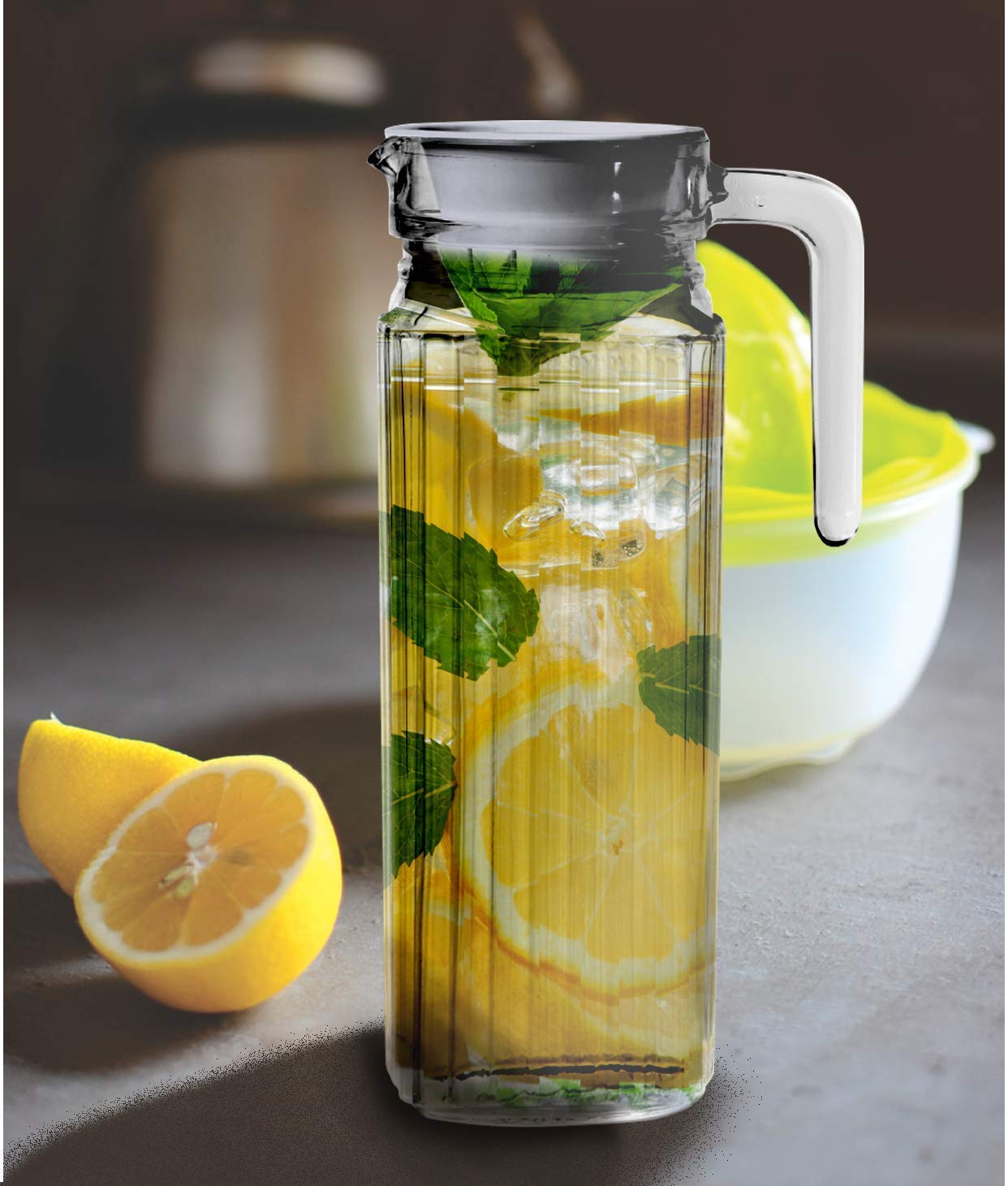 Risello 1100ML Sophisticated Glass Water jug with Plastic Cap, for Juice Water iced Tea Pitcher Tea Carafe hot Glass Pitcher(1)