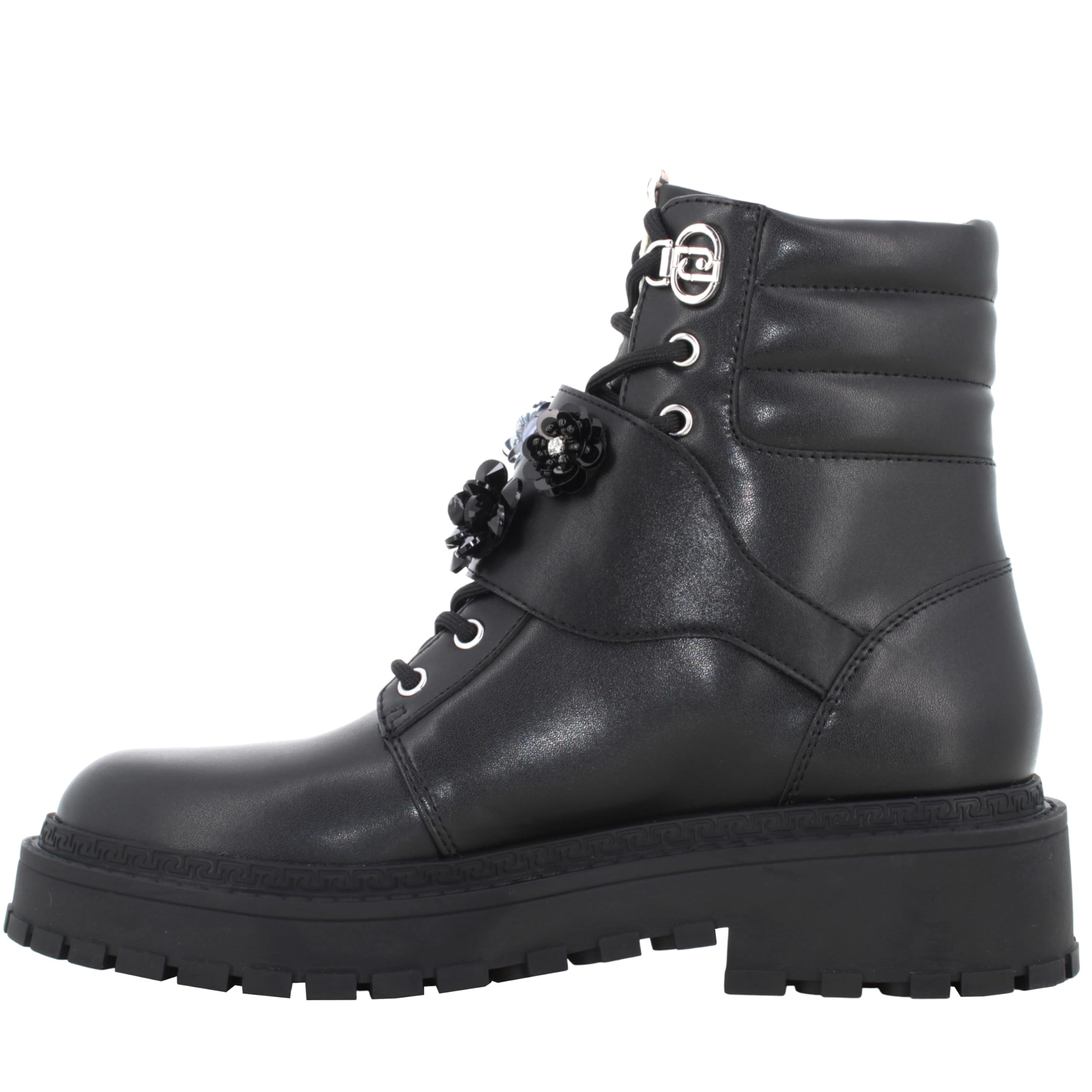 Liu Jo Botas Militares con Flores de Cristal, Negro, Cuero, Suela de Goma, Estilo Combat (Negro, Mediano, Sistema tallas calzado EU, Adulto, Números, mediano, 39)