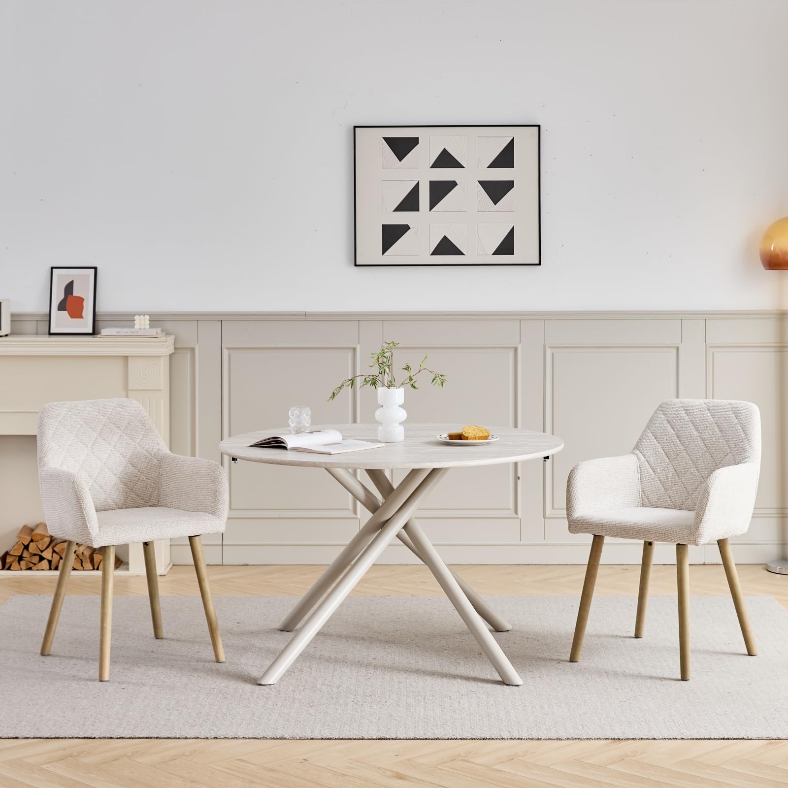 GrandCA HOME Juego de 4 Sillas de Comedor con Brazos, Silla de Lino con Patas de Madera, Asiento Tapizado de Estilo Moderno, Beige
