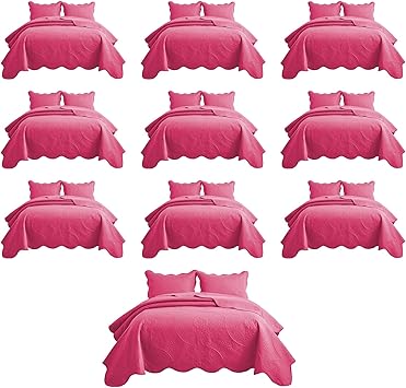 IR Imperial Rooms 10 Pack Queen Quilt Bedding Set (90" x 96") - Bulk Wholesale for Hotels, Guest Bedroom & Airbnbs - Lightweight Microfiber Reversible Floral Embossed Quilts Bedspreads (Pink)