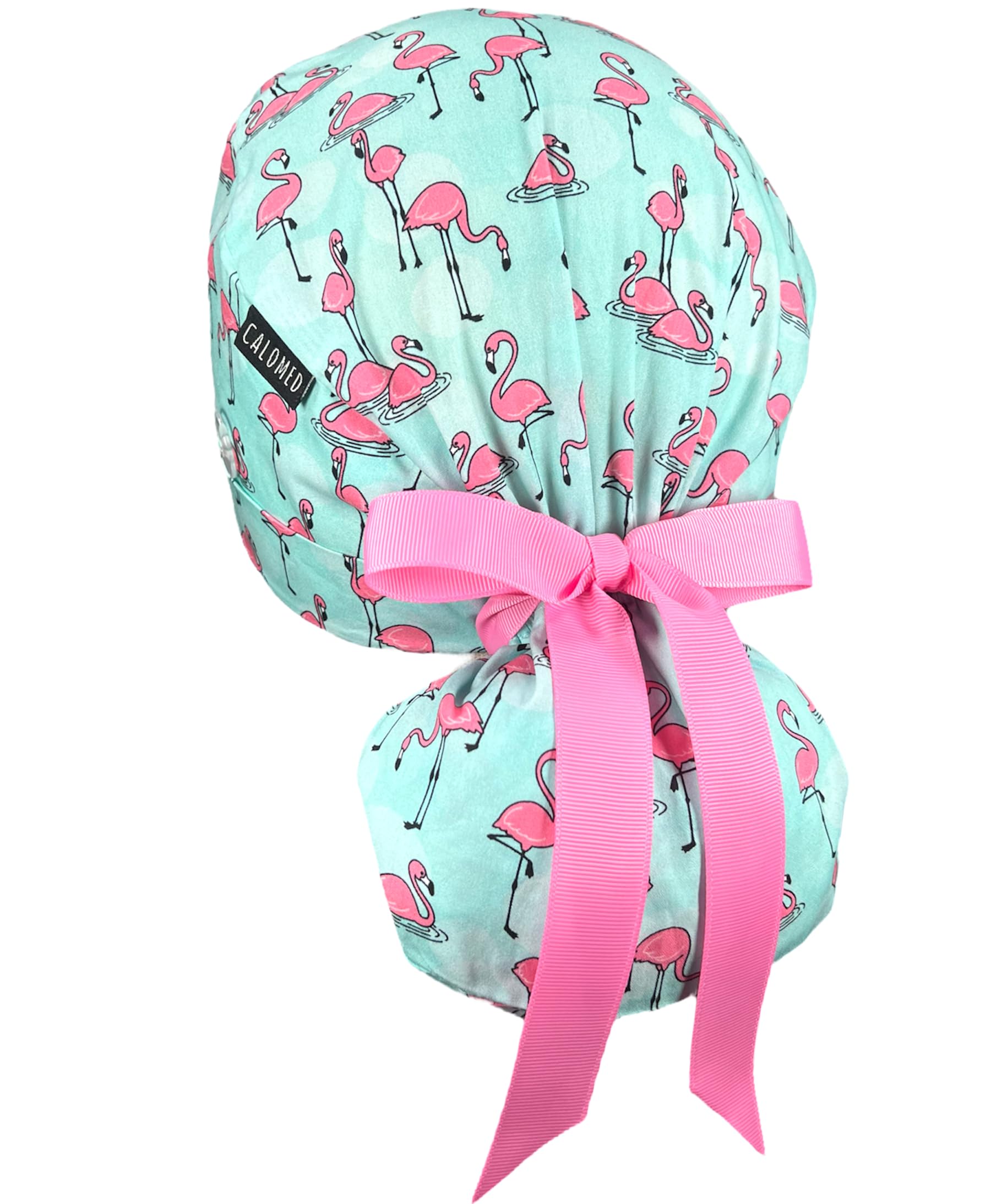 Scrub Cap for Women and Men, Ponytail Scrub Caps, Working Hat, Head Cover with Ribbon Ties and Buttons, Long Hair