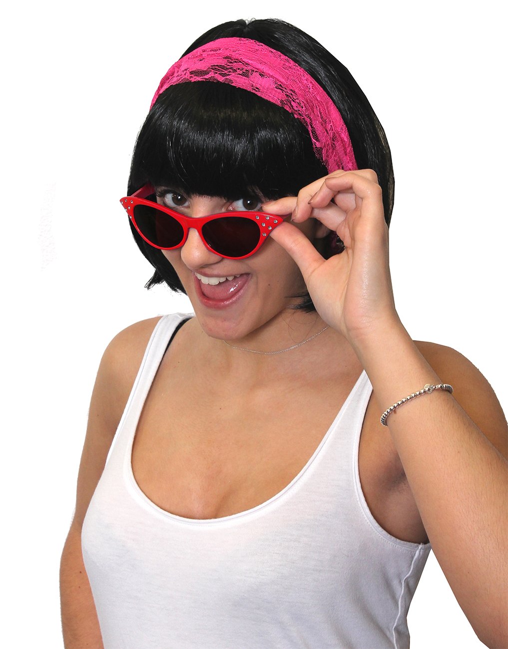 1950er Jahre Kostüm-Set Für Damen – Mit Bob-Perücke, Rosa Spitzenschal & Katzenaugen-Sonnenbrille