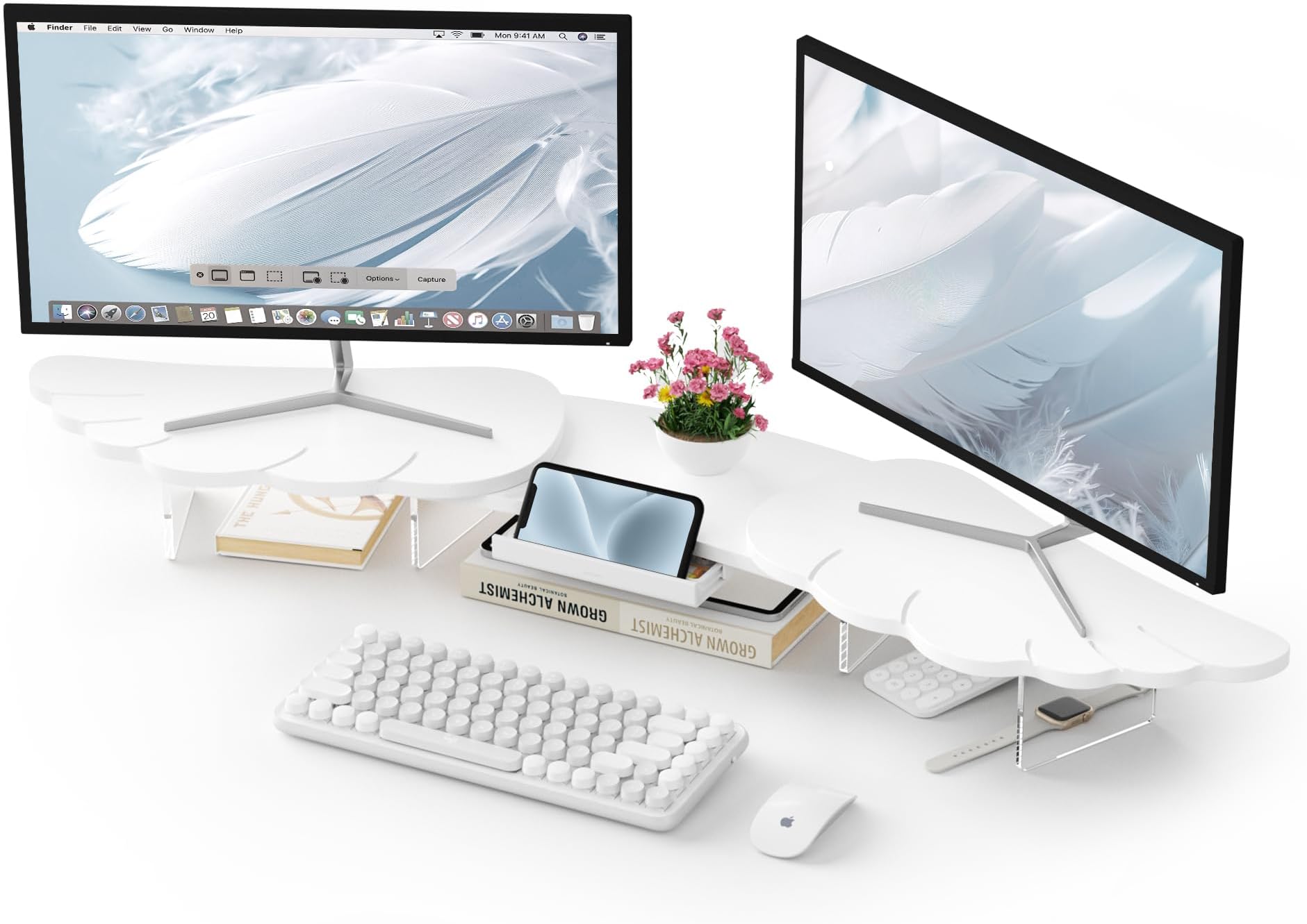 Dual Monitor Stand Riser, Wing-Shaped Sturdy Desktop Wood Stand for 2 Monitors, White Riser for Laptop, PC, Computer