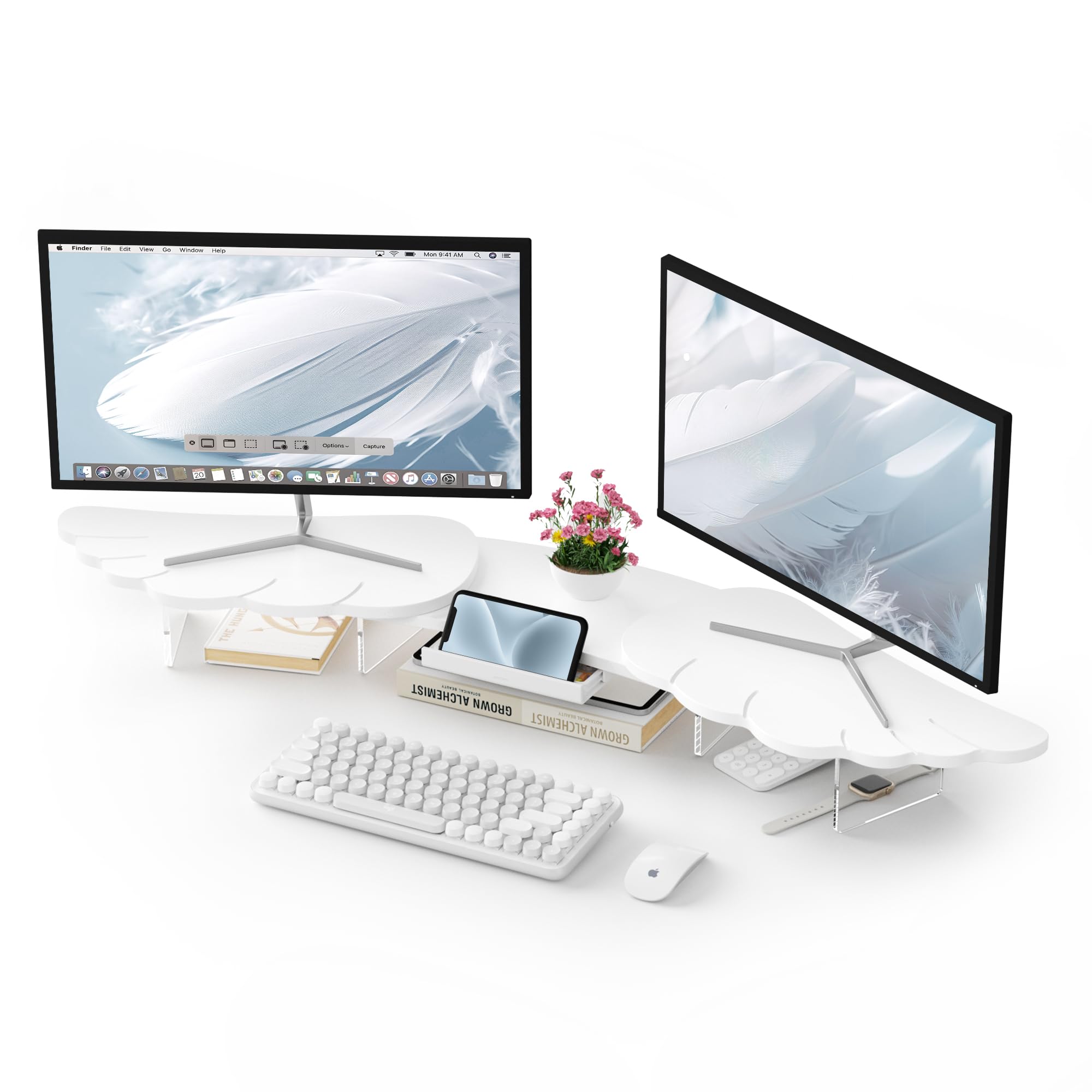 Dual Monitor Stand Riser, Wing-Shaped Sturdy Desktop Wood Stand for 2 Monitors, White Riser for Laptop, PC, Computer