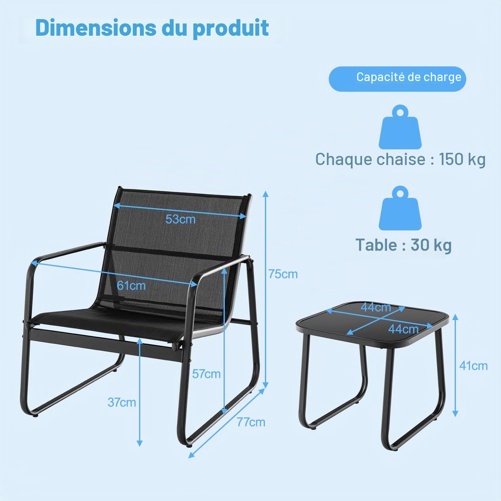 FANTASK Ensemble de Balcon 3 pièces en Tissu Respirant - Meubles de Jardin avec 2 chaises et Table pour terrasse et Balcon - Noir