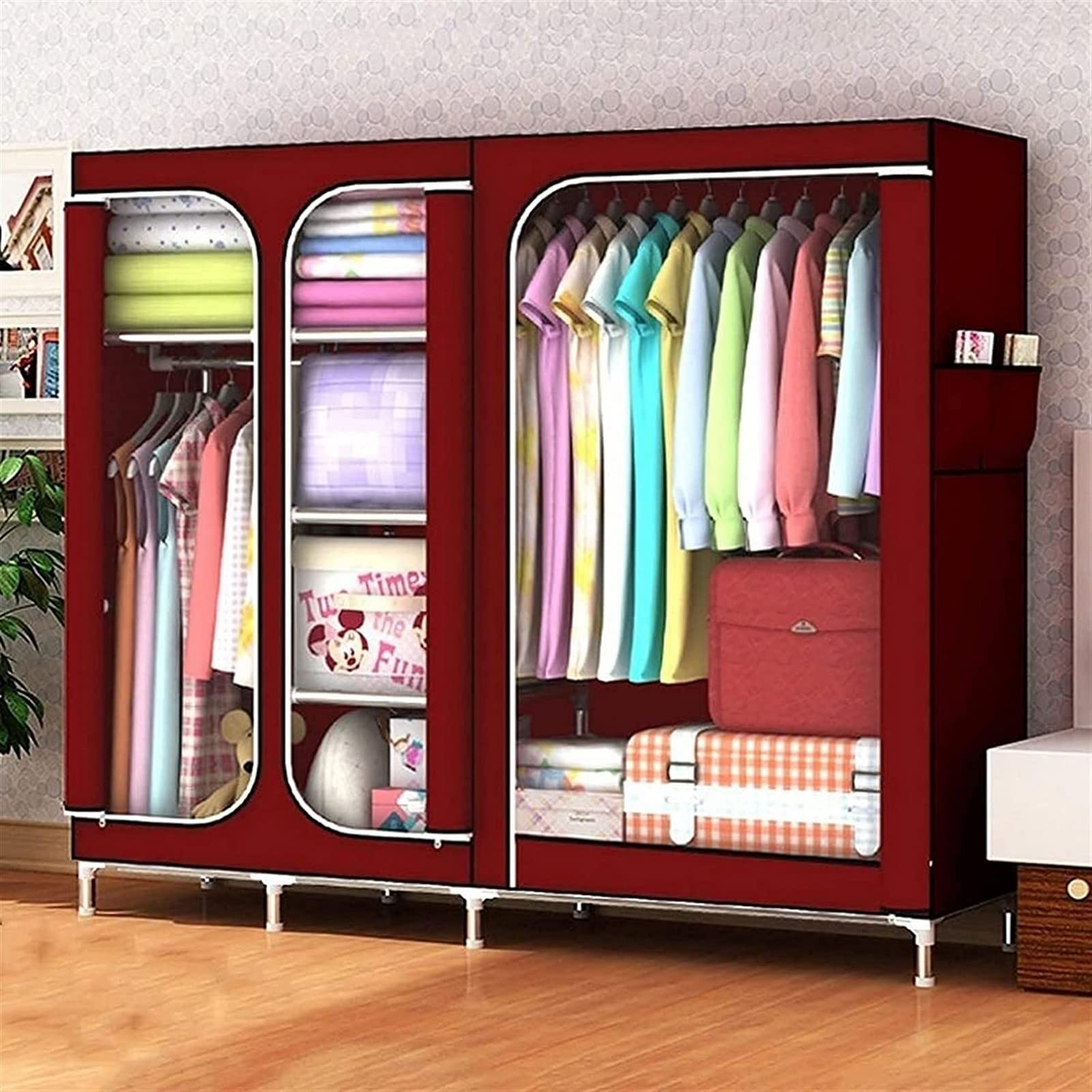 Armoire portative en tissu zippée anti-poussière avec tuyau en acier pour chambre