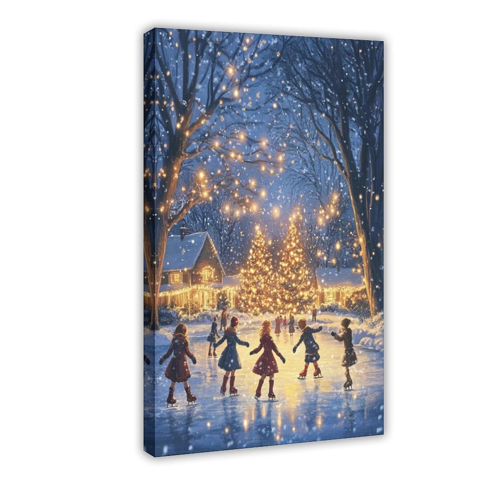 XVSGNAW Children Ice Skating Art,Frozen Pond And Falling Snow Canvas Poster Bedroom Decor Landscape Office Room Decor Gift 8" L X 12" W