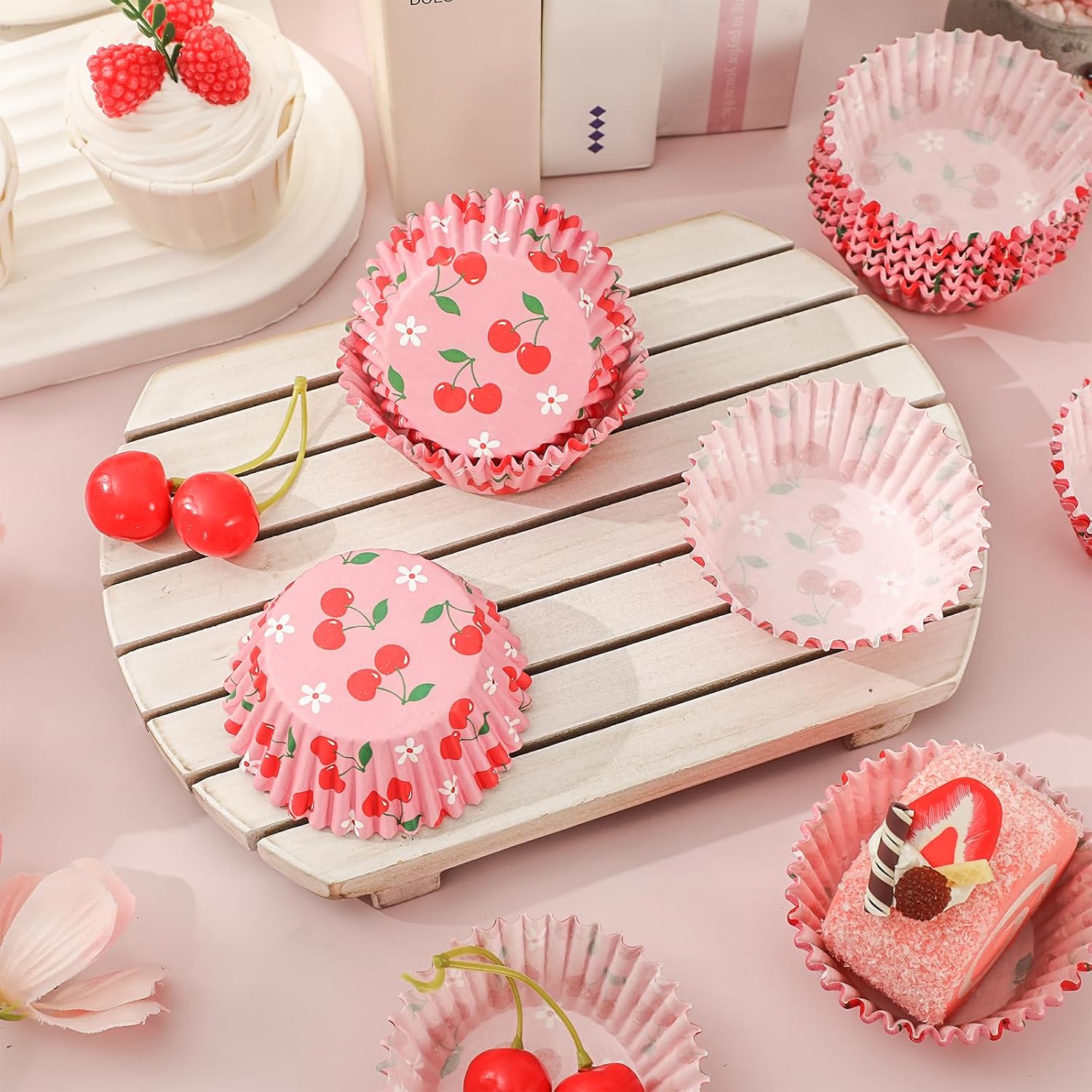 300Pcs Cherry Flower Cupcake Liner Pink Floral Fruit Paper Baking — view 4
