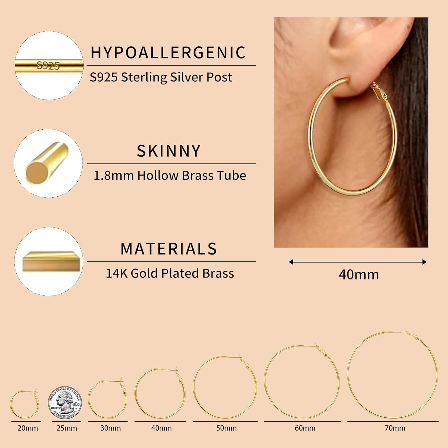 Fiusem 14K Gold Plated Hoop Earrings for Women, Lightweight Thin Tube Hoops, Hypoallergenic 925 Sterling Silver Post Click-Top Round Loop Jewelry - Image 2