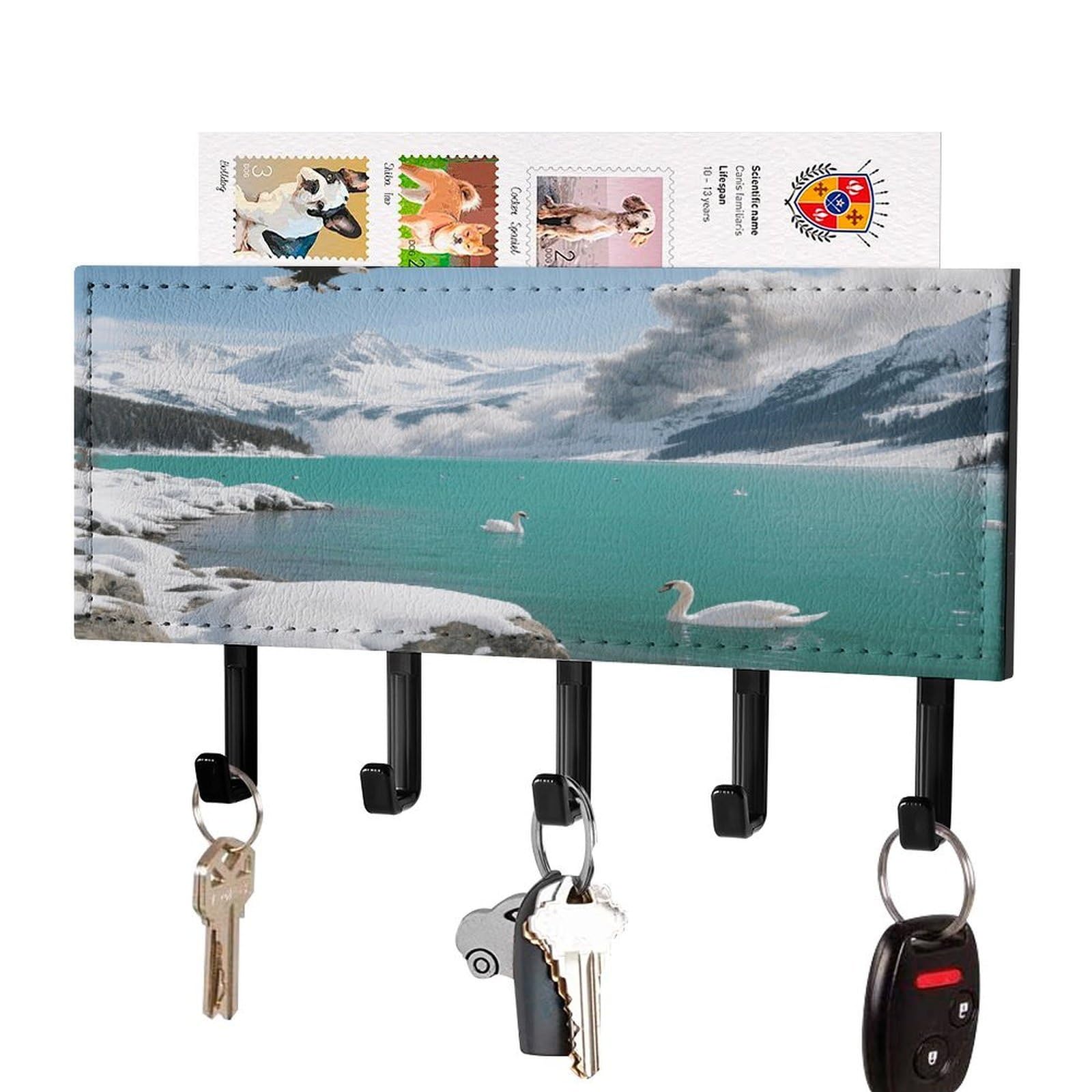 FekiLoot Alpine Lake View Key Holder Wall Mount Key Hanger with 5 Hooks Decorative Key Rack Hanging Key Hooks with Mail Organizer Key Holder for Wall Living Room Kitchen Bathroom Hallway Black