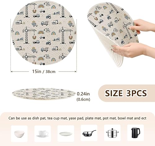 Miniatura 2 de 3 Pcs Trivet Hot Plate Site Machinery Rainbows Dots for Hot Pots and Pans 15in Cotton Thread Weave Heat Resistant Coasters for Instant Pot Dish Mat