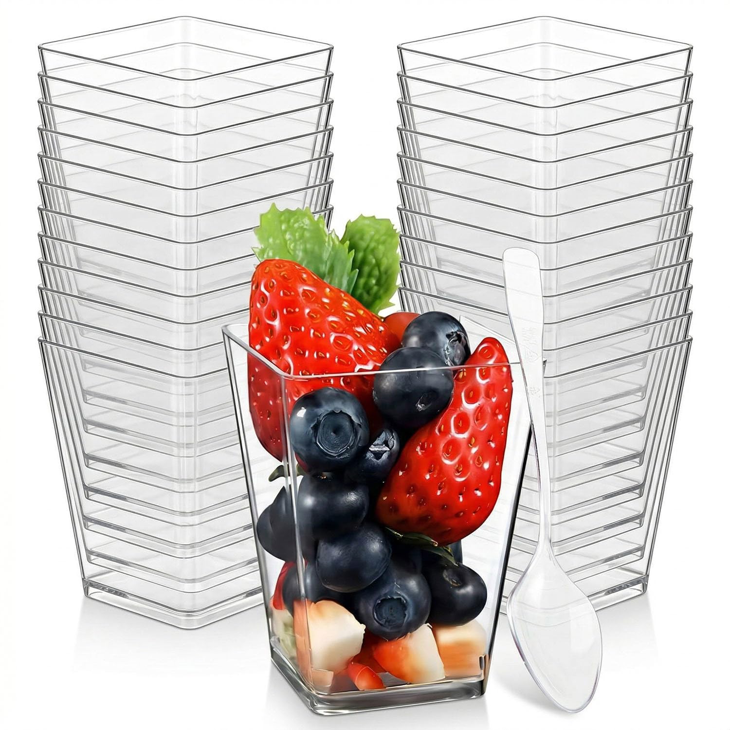 Belegao 50 Pack 5oz Dessert Cups with Spoons, Clear Hard Plastic Square Mini Dessert Cups Parfait Appetizer Cup Cheesecake Pots Reusable for Birthday Wedding Picnic Party, Pudding Mousse Tiramisu