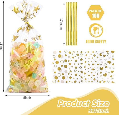 Miniatura 2 de 100 bolsas de regalo doradas de 5 x 11 pulgadas, bolsas de regalo de celofán, bolsas de regalo de fiesta, bolsas transparentes para dulces, bolsas